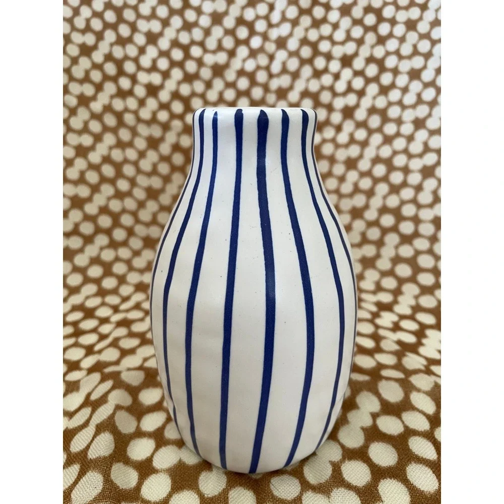 Ikea White Ceramic Pitcher Vase with Blue Stripes Scandinavian Modern Decor‎